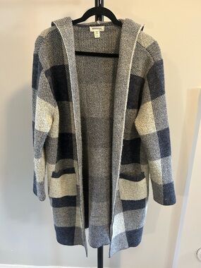 Women’s Monteau Navy and Cream Hooded Plaid Long Knit Open Cardigan